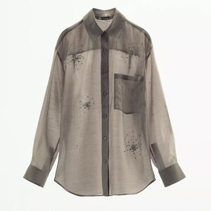 Zara Semi Sheer Rhinestone Embellished Satin Effect Button Down Shirt large